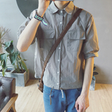 2016夏季新款男士翻领纯色短袖衬衫韩版宽松双口袋男衬衫潮