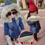 女童冬装加绒加厚牛仔衣外套123456岁韩版儿童羊羔绒连帽毛领棉衣