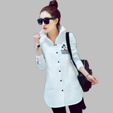 2016韩范棉中长款白色衬衣卡通印花米奇衬衫女士长袖韩版学院风潮