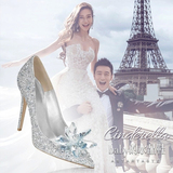 灰姑娘水晶鞋尖头细跟伴娘水钻婚鞋白色高跟鞋女婚礼新娘结婚鞋子