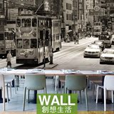 茶餐厅背景墙纸黑白香港怀旧复古街景大型3D立体壁画定制个性壁纸
