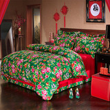 东北大花磨毛四件套结婚庆床品大红绿色被子1.8m床上用品被套床单