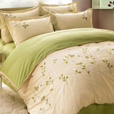 外贸床上用品全棉刺绣花小清新四件套1.8m田园风纯棉床单被套绿色