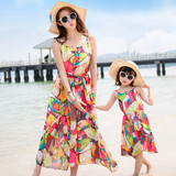 亲子装夏装2016款母女装海边旅游沙滩裙女童拼色格子吊带连衣裙子