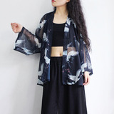 日式和风雪纺开衫女仙鹤印花薄款和服外套防晒衫外空调披衫16夏季
