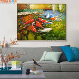 客厅现代装饰画手绘九鱼图风景抽象油画简约餐厅玄关挂画欧式壁画