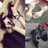 2016韩版新款一字带凉鞋女夏中跟粗跟流苏绑带鞋黑色百搭高跟鞋女