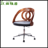 曲雅居 真皮电脑坐椅现代美式胡桃木色旋转可移动电脑办公椅子