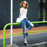 VIVI定制2016夏季新款韩版直筒深色修身破铜牛仔裤女HM63037