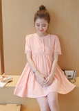 香港代购春夏季孕妇装韩版中长款棉麻蕾丝上衣圆领宽松连衣裙纯色