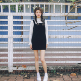 2016韩版国夏新款范智乔同款学生中长款连衣背带裙子女两件套装潮