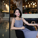 DALU STUDIO 2016夏季新款韩版格子印花修身大摆显瘦吊带连衣裙女