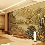 中式山水大型壁画3d立体墙纸浮雕电视背景墙壁纸无缝墙布风水画