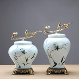 现代新中式陶瓷纯铜摆件亮釉彩绘花鸟客厅玄关电视柜家居装饰品
