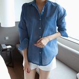 【韩国代购】 女装2016夏装新款竖条纹薄款亚麻长袖衬衫