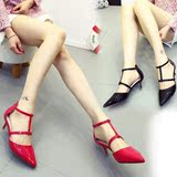 韩版2016夏性感尖头红色镂空女鞋工字显瘦细跟高跟凉鞋中跟单鞋
