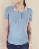 2016夏季晚晚同款复古修身翻领蓝色冰丝纯色针织短袖polo衫女T恤