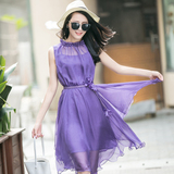 紫色雪纺连衣裙夏淑女显瘦中长款无袖2016新款不规则系带花朵裙子