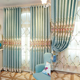 高档欧式客厅卧室绣花窗帘成品定制蓝色雪尼尔提花窗纱遮光布料