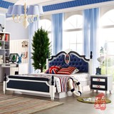 儿童床地中海王子床1.2米 青少年欧式套房实木蓝组合床学习桌衣柜