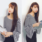 2016秋装新款韩版宽松显瘦条纹T恤女长袖喇叭袖上衣套头打底衫