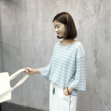 EKOOL 冰丝条纹宽松短袖T恤韩版夏季七分袖套头打底女上衣2件包邮
