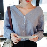 现货特惠 2016春装韩国代购正品女装cherrykoko蓝色条纹大V领衬衫