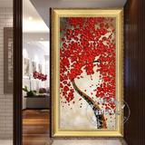 红色招财树客厅玄关立体油画过道走廊壁挂装饰画竖版发财树纯手绘