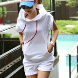 韩国代购连帽短袖运动休闲套装女夏短裤运动服纯棉卫衣两件套跑步