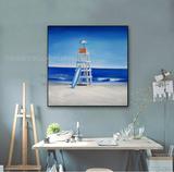 现代清新蓝色大海风景沙滩帆船灯塔码头北欧装饰画手绘油画包邮