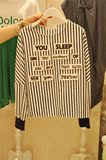 韩国东大门2016新款秋装女装黑白条纹字母T恤长袖圆领上衣打底衫