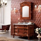 欧式浴室镜柜仿古橡木落地洗手盆卫生间实木洗漱台美式洗脸盆组合
