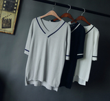 韩版大V领撞色简约范短袖针织T恤冰丝针织衫薄款冰丝t恤女