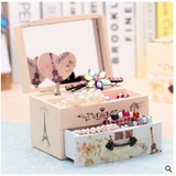 旋转爱心音乐盒 创意带镜子女款化妆盒 韩版收纳盒