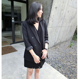 2016春装韩版茧形修身显瘦基本款百搭双排扣小西装黑色女西服
