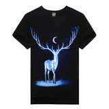夏季男士小鹿圆领夜光短袖T恤修身卡通半袖衣服3D印花体恤文艺潮