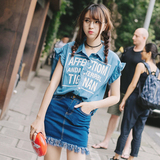 韩国韩版字母印花木耳边女装上衣polo领牛仔布夏季衬衫女学生装潮