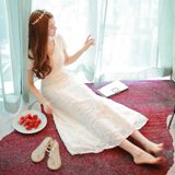 夏装新品重工V领刺绣雪纺连衣裙高腰气质修身长裙白色超仙女裙子