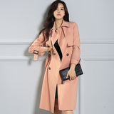 女式风衣2016秋季新款6364韩国代购ol气质高端长款双排扣粉色外套