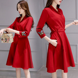 2016新款女装春装韩版修身红色连衣裙中裙女七分袖v领收腰打底裙