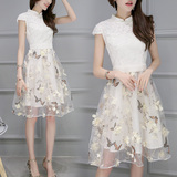 2016新款女装夏装两件套韩版修身中长款连衣裙女短袖欧根纱裙套装
