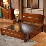 高档简约新中式全实木床1.5 1.8米橡木双人床 高箱储物婚床 家具