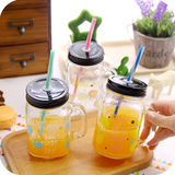 可爱个性水果玻璃杯成人吸管杯带盖梅森瓶创意柠檬透明泡茶水杯子