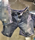 韩国东大门男装代购2016夏季新品男士中低腰磨白破洞直筒牛仔短裤