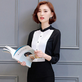 2016秋装新款女装韩版修身拼接黑白撞色衬衣立领百搭长袖雪纺衬衫