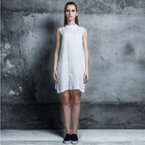 末尚原创设计师品牌女装2016春夏新款白色棉麻立领中长款连衣裙