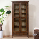 美式白橡木玻璃门书柜纯实木储物柜展示柜胡桃色小酒柜
