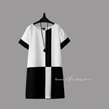 品牌高质2016新夏款大码女装 OL气质黑白经典色短袖雪纺短连衣裙