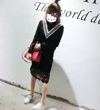 2016春装新款韩版简约蕾丝拼接长袖圆领纯色气质连衣裙女T2002