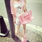 夏季女装连衣裙2016新款韩版宽松短袖打底裙一字肩粉色卡通短裙子